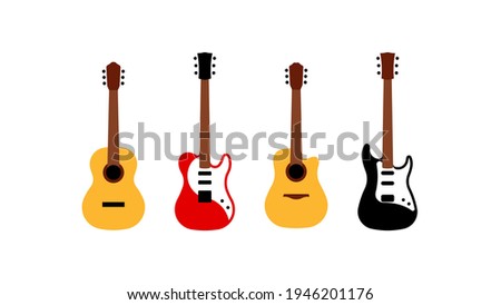 Set of different guitars - acoustic, electric, bass. Simplified representation of stringed musical instruments. Group of icons in modern flat style. 