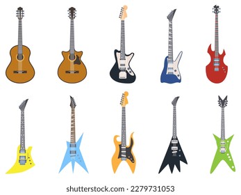 Set of different guitars. Stickers with classical, acoustic, electric and bass guitars. String musical instruments for entertainment. Cartoon flat vector collection isolated on white background