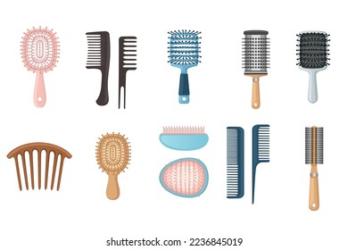 Set of different hair brush for hair care plastic fashion comb vector illustration isolated on white background