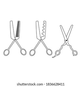 Set with different hair scissors. Hairdresser tool outline isoleted vector icon