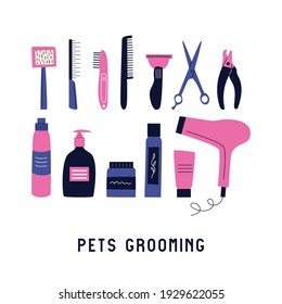 Set of different hairdressing supplies. Vector illustration with equipment for pet care. Tools for washing, brushing, drying, grooming