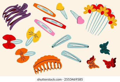 A set of different hairpins. Hair accessories.