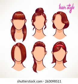 set with different hairstyles. brunette. hand-drawn illustration - 2