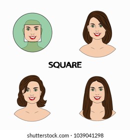 A set of different hairstyles for the face of a square type. Vector illustration.