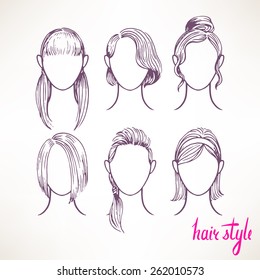 set with different hairstyles. hand-drawn illustration