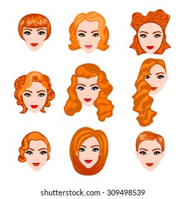 set with different hairstyles. Redhead. hand-drawn illustration red women hairstyles