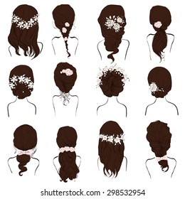 Set of different hairstyles, wedding hairstyles, hair styles with flowers, sketch of woman's head, isolated on a white background, dark hair