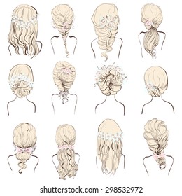 Set of different hairstyles, wedding hairstyles, hair styles with flowers, sketch of woman's head isolated on a white background, blonde hair