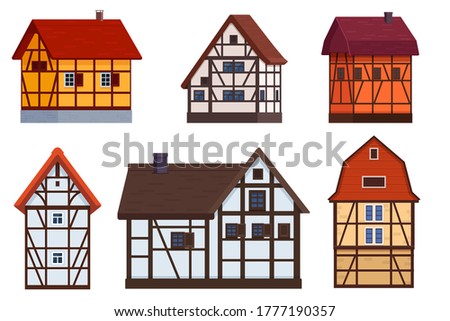 Set of different half timbered houses on white background. Timber framed buildings. Vector illustration