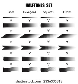 Set of different halftone lines with circles, squares and hexagons