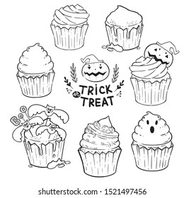 Set of different halloween cupcakes with holiday decor. Scary pumpkin, witch hat, bats, ghost and halloween lettering Trick and Treat