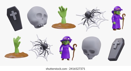 Está decorado con diferentes elementos decorativos de Halloween. Aleta con cruz, cruz gris, mano zombi verde levantándose desde el subsuelo, araña de dibujos animados y bruja con vestido morado. Ilustración vectorial en estilo 3d