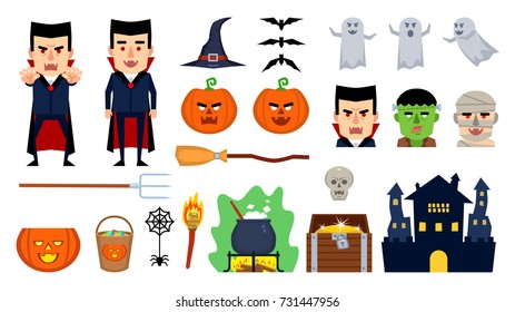 Set of different Halloween design elements. Scary pumpkin, boiling pot, bat, spider, witches hat, broom, vampire, zombie, mummy, ghost and other icons. Flat style vector illustration