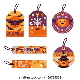 Set of Different Halloween Gift Tags. Vector Illustration. Flat Holiday Symbols. Orange Pumpkin, Flying Bats, Spider with Web