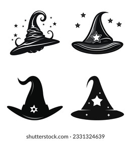 set of different halloween hat vector. witch hat element silhouette Halloween party decorations.  Vector illustration in the style of flat.