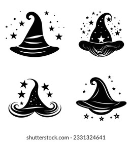 set of different halloween hat vector. witch hat element silhouette Halloween party decorations.  Vector illustration in the style of flat.