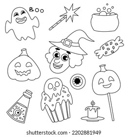 Set of different Halloween items in black and white doodle style isolated on white background.  Vector illustration