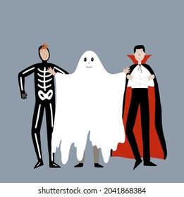Set of different Halloween party costumes - ghost, skeleton, dracula. Vector illustration. Friends dressed for Halloween. Different monster costumes have fun.