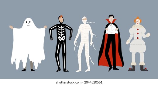 Juego de diferentes disfraces de fiesta de Halloween - fantasma, esqueleto, dracula, momia, payaso. Ilustración vectorial. Amigos vestidos para Halloween. Diferentes disfraces de monstruo se divierten.