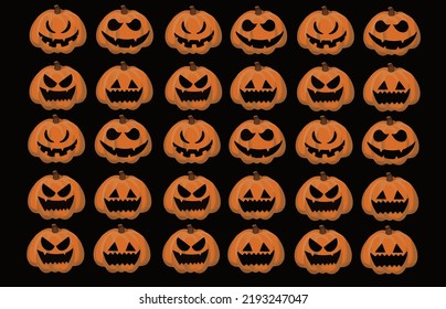 Set of different Halloween pumkins on dark background. Orange pumkin with creepy smile. Spooky. Vector illustration. Flat style vector cartoon. Dark inside. Autumn holiday. EPS10. 