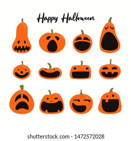 Set of different Halloween pumpkins, jack o lanterns. Isolated objects on white background. Hand drawn vector illustration. Flat style. Design element for party banner, poster, flyer, invitation.