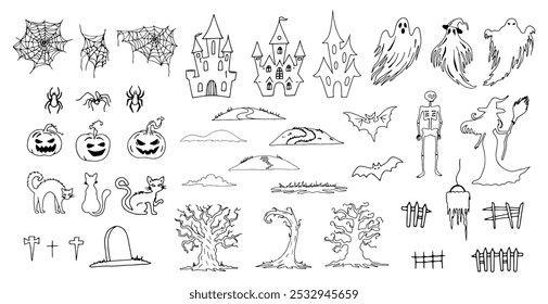 Set of different Halloween shapes. Black and white shapes illustration. Hand drawn graphic silhouette clip art. Line sketch of ghosts with castle and skeleton for spooky decor. Simple Doodle style.