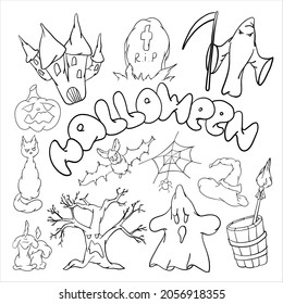 Set of different Halloween silhouettes on a white background. Vector illustration