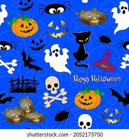 Set of different Halloween symbols. Seamless pattern with black cats, pumpkins, bats, skulls, ghost, spiders on blue background. For holiday design, creating packing, textile, stickers, icons.
