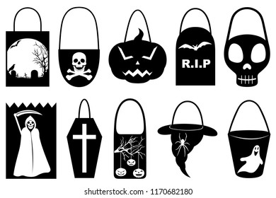 Set of different Halloween trick or treat bags isolated on white