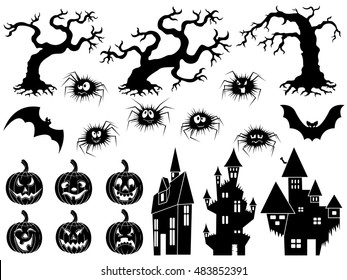 Set of different Halloween vector silhouettes and stencils with old dried trees, laughing 
pumpkins, flying bats, amusing spiders and medieval castles

