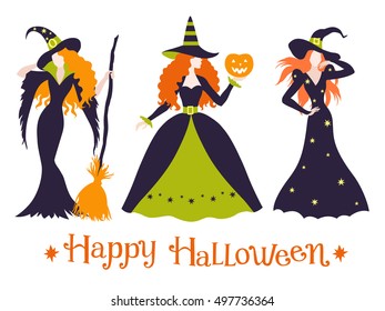 Set of different halloween vintage witch costume, color vector illustration.