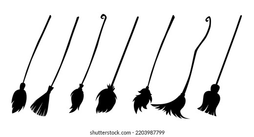 Set of different halloween witch brooms isolated on white background