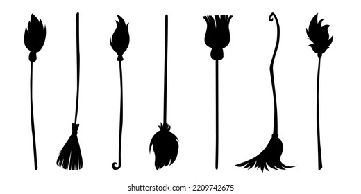 Set of different halloween witch brooms isolated on white background