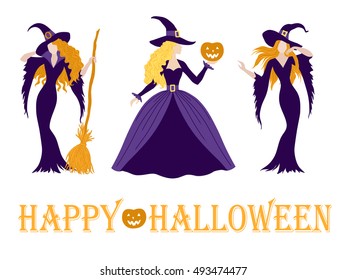 Set of different halloween witch costume, color vector illustration.