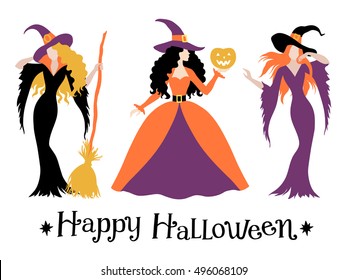 Set of different halloween witch costume, color vector illustration.