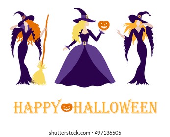 Set of different halloween witch costume, color vector illustration.