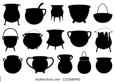 Set of different Halloween witches pots isolated on white