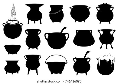 Set of different Halloween witches pots isolated on white