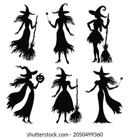 Set of different halloween witcnes, silhouette vector illustration for design, greeting card, invitation, banner.