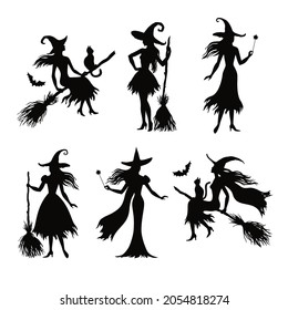 Set of different halloween witcnes, silhouette vector illustration for design, greeting card, invitation, banner.