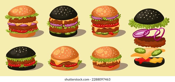 Set of different hamburgers in cartoon style. Perfect for fast food delivery menus, stickers, and cafe posters.