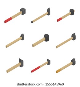 Set of different hammers isolated on white background. Elements design of the working tool. Flat 3d isometric style, vector illustration.