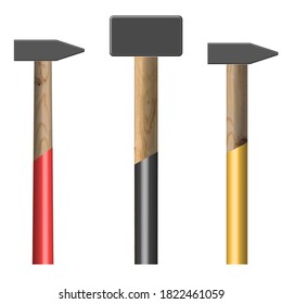Set of different hammers isolated on white background. Elements design of the working tool. Top view, vector illustration.