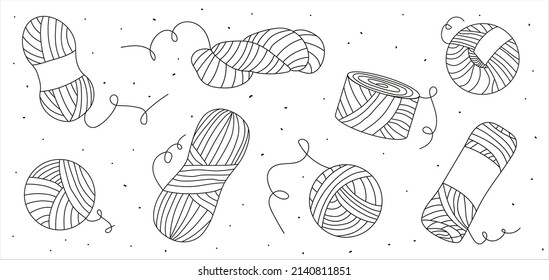Conjunto de bolas de hilados de hilados de tirantes a mano para tejer o crocheting. Ilustración lineal del vector