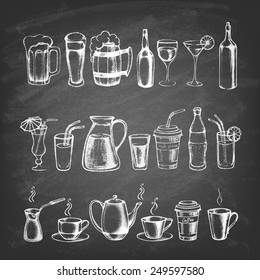  Set Of Different Hand Drawn Beverages On The Blackboard. Vector Illustration. 