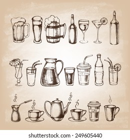 Set of different hand drawn beverages. Vector illustration.