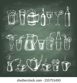 Set of different hand drawn beverages on the green blackboard. Vector illustration.