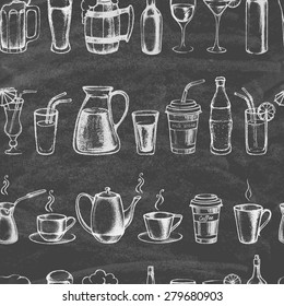 Set of different hand drawn beverages on the blackboard. Seamless background. Vector illustration.