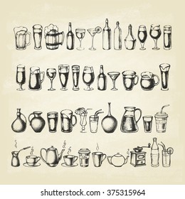 Set of different hand drawn beverages. Retro vintage style.Vector illustration.