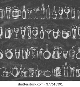Set of different hand drawn beverages on the blackboard. Seamless background. Vector illustration.